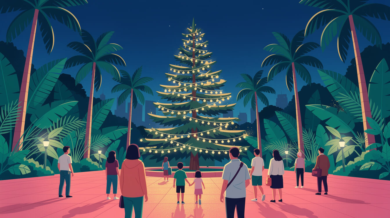 Christmas lights on a tree surrounded by palm trees in a mild subtropical Taiwanese plaza in December