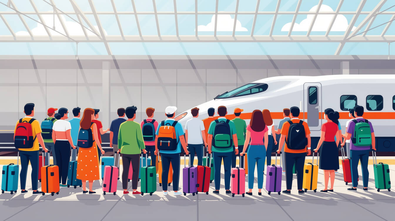 Adult travellers with suitcases crowding a Taiwan high-speed rail platform on a public holiday weekend