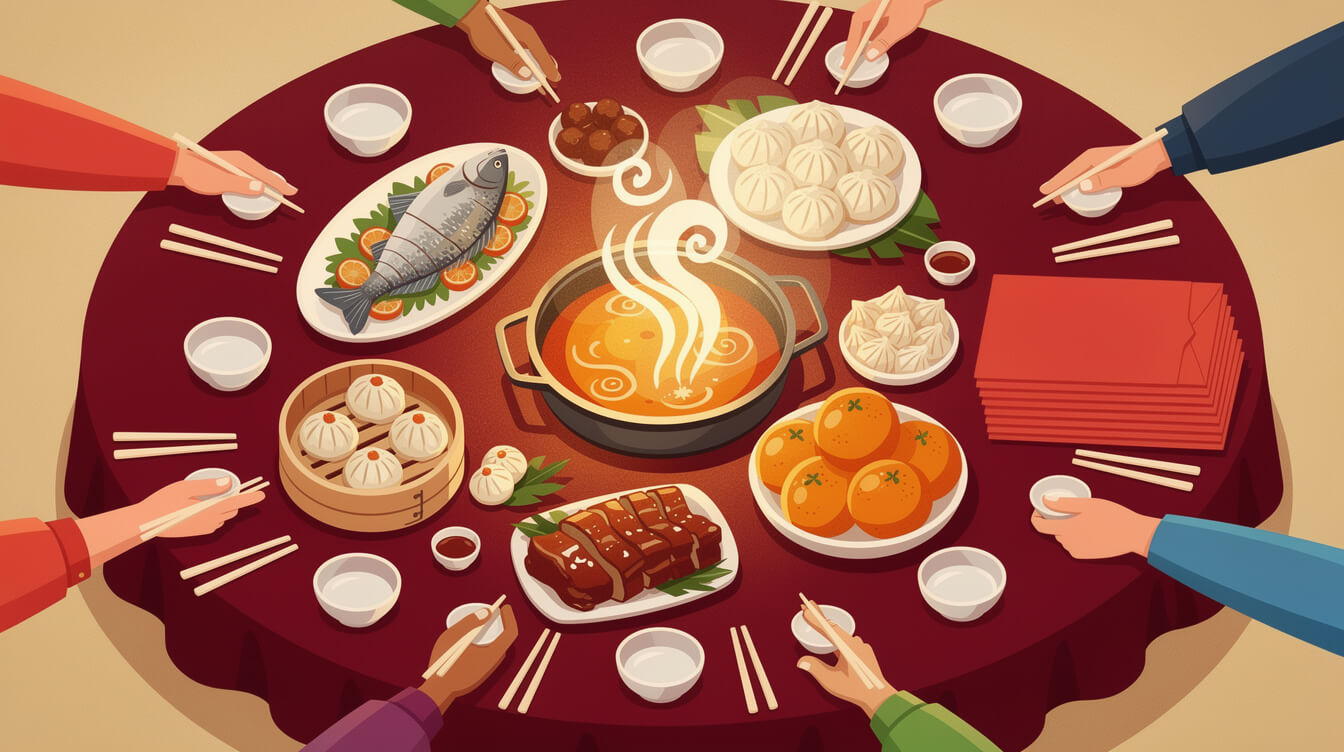 Overhead view of a Taiwanese Lunar New Year reunion dinner with hot pot, whole fish, dumplings and red envelopes