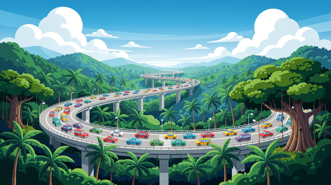 Taiwan public holidays 2027 long weekend traffic flowing along an elevated highway through green mountains