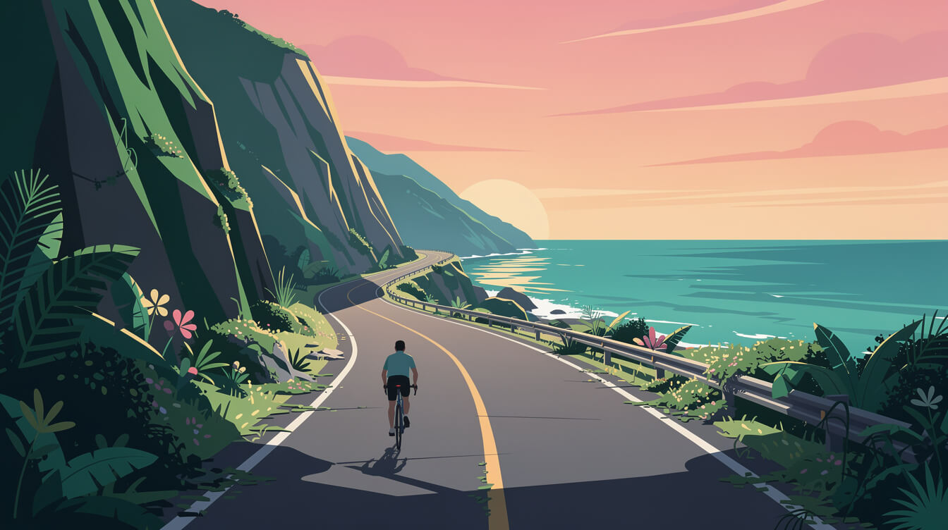An empty coastal road on Taiwan east coast at sunrise with a single cyclist, an uncrowded travel day