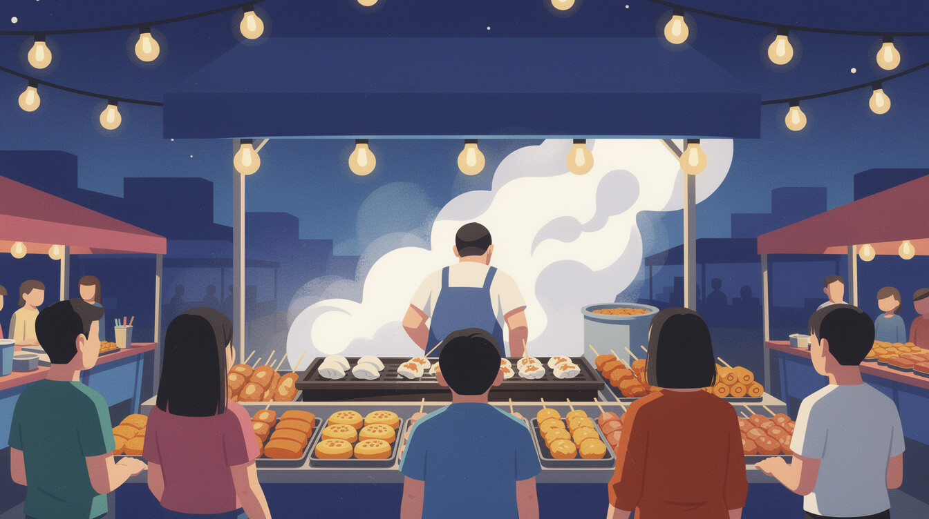 A busy Taiwanese night market food stall trading at night during a public holiday