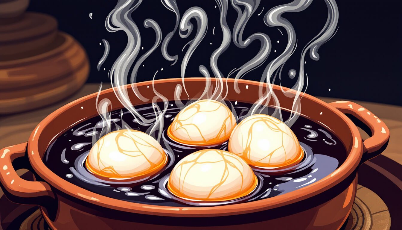 Taiwanese tea eggs simmering in dark spiced brine