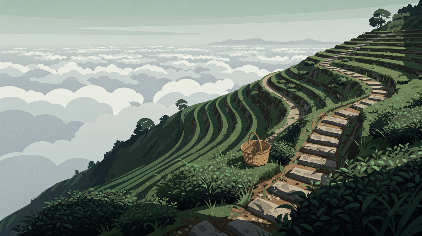 Steep high-altitude tea terraces above the cloud line in Taiwan
