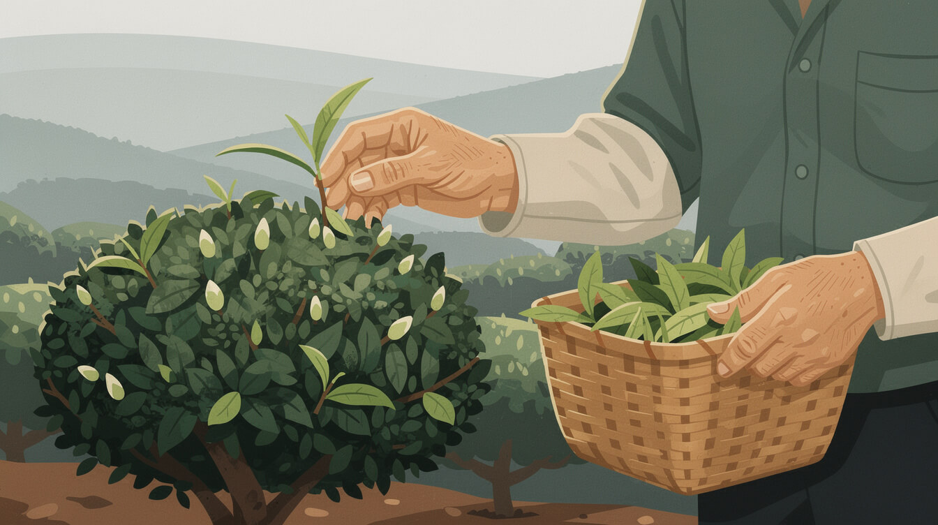 Hands of an older tea grower picking a bud and two leaves