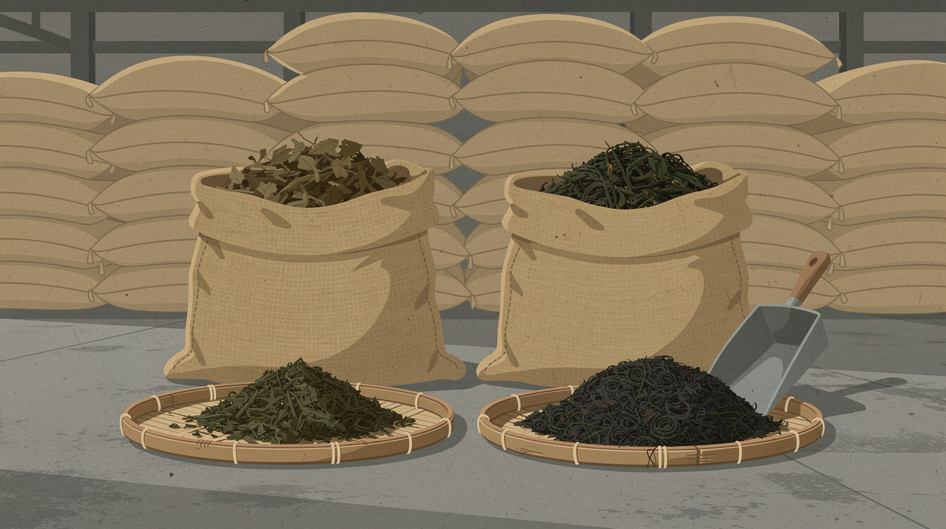 Two open sacks of differently graded loose tea leaf in a sorting warehouse