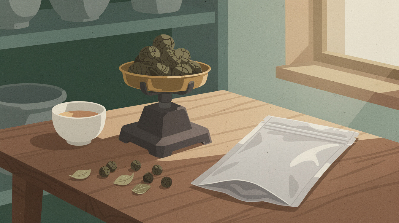 A balance scale weighing rolled oolong pellets in a small tea workshop