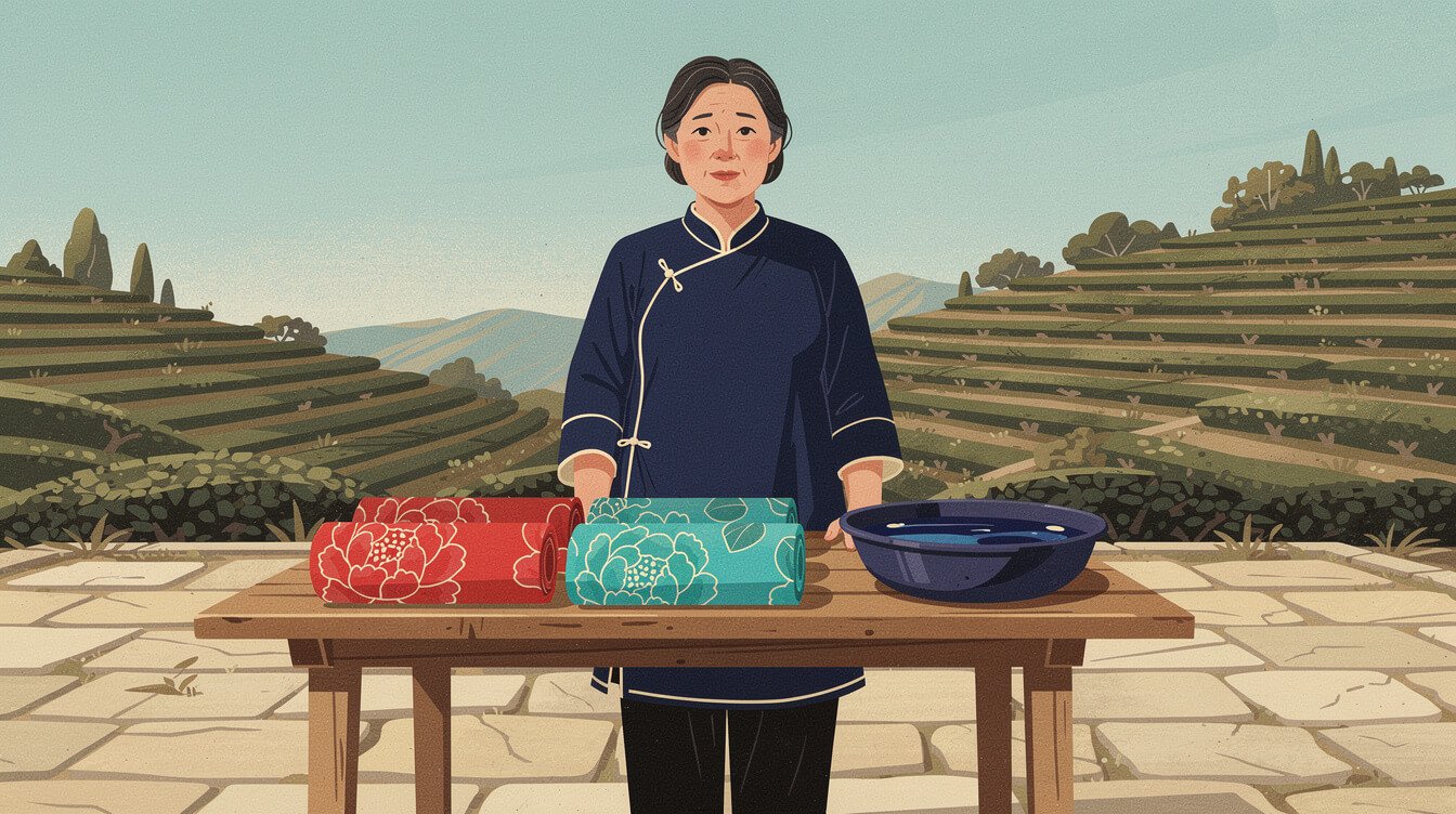 Hakka woman in an indigo lan shan tunic with bolts of peony floral fabric