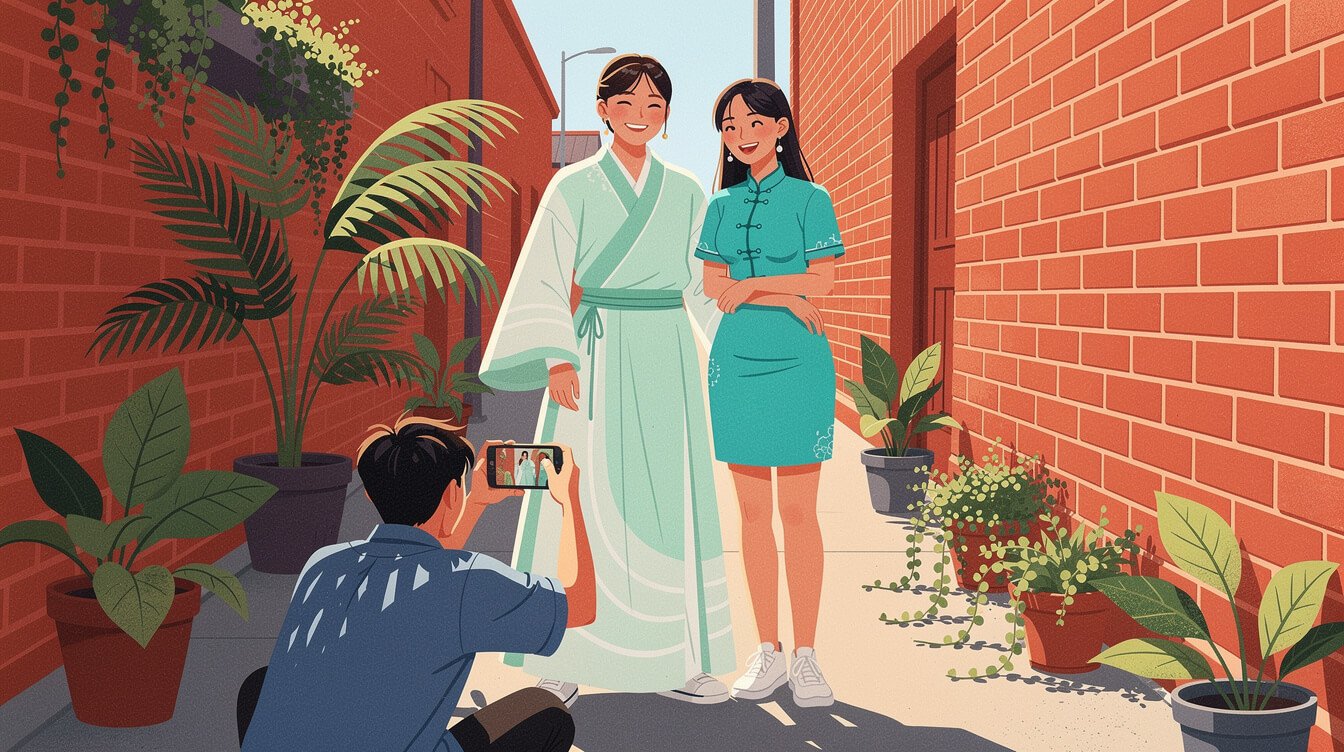 Young Taiwanese friends photographing each other in hanfu and a modern qipao dress