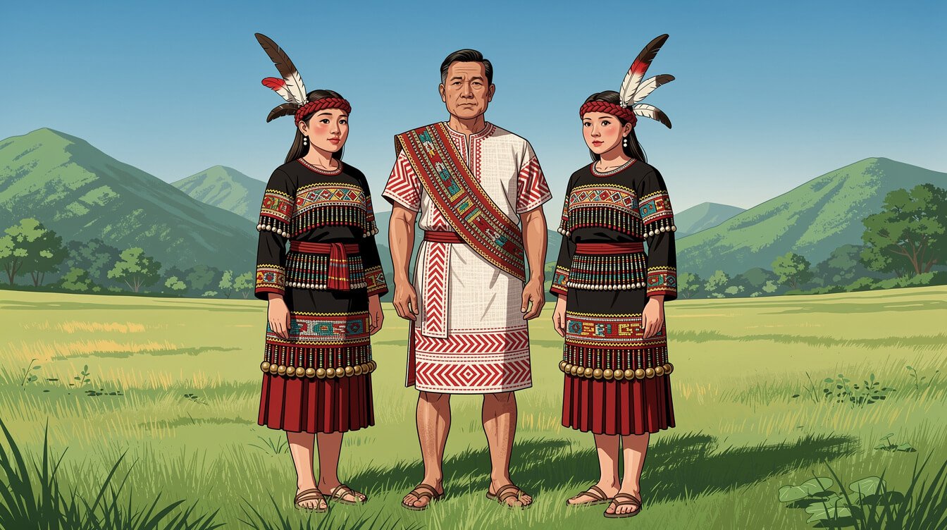 Taiwanese indigenous dancers in ceremonial regalia with beadwork and feathered headpieces