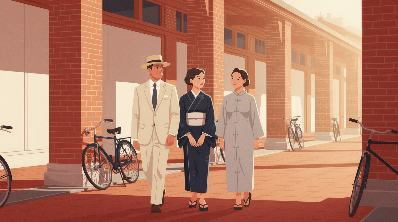 1930s Taipei arcade street with people in a Western suit, a yukata, and a changshan robe