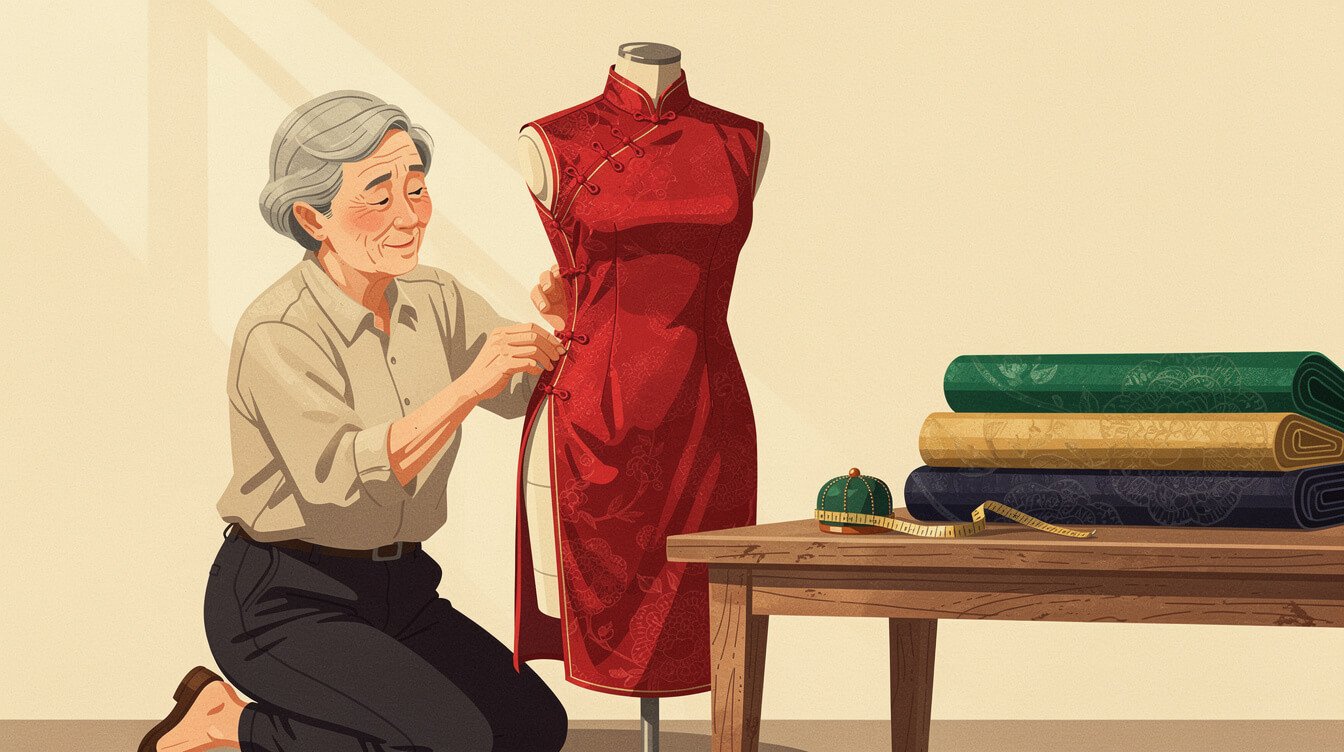 Taiwanese tailor fitting a red silk brocade qipao on a dress form