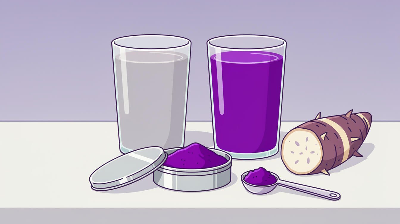 Comparison of natural pale grey taro milk tea beside a bright purple powder-based taro bubble tea