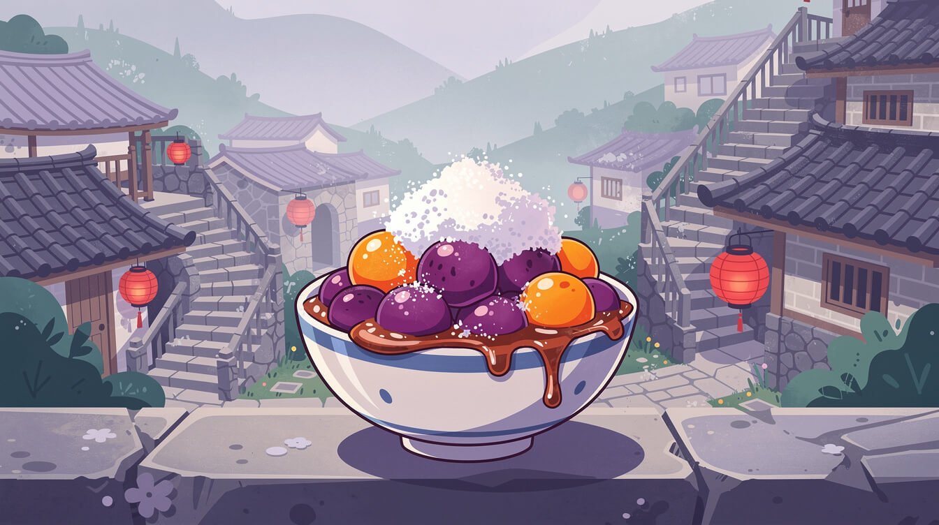 Bowl of purple and orange taro balls with shaved ice on a terrace in a Taiwanese hillside town