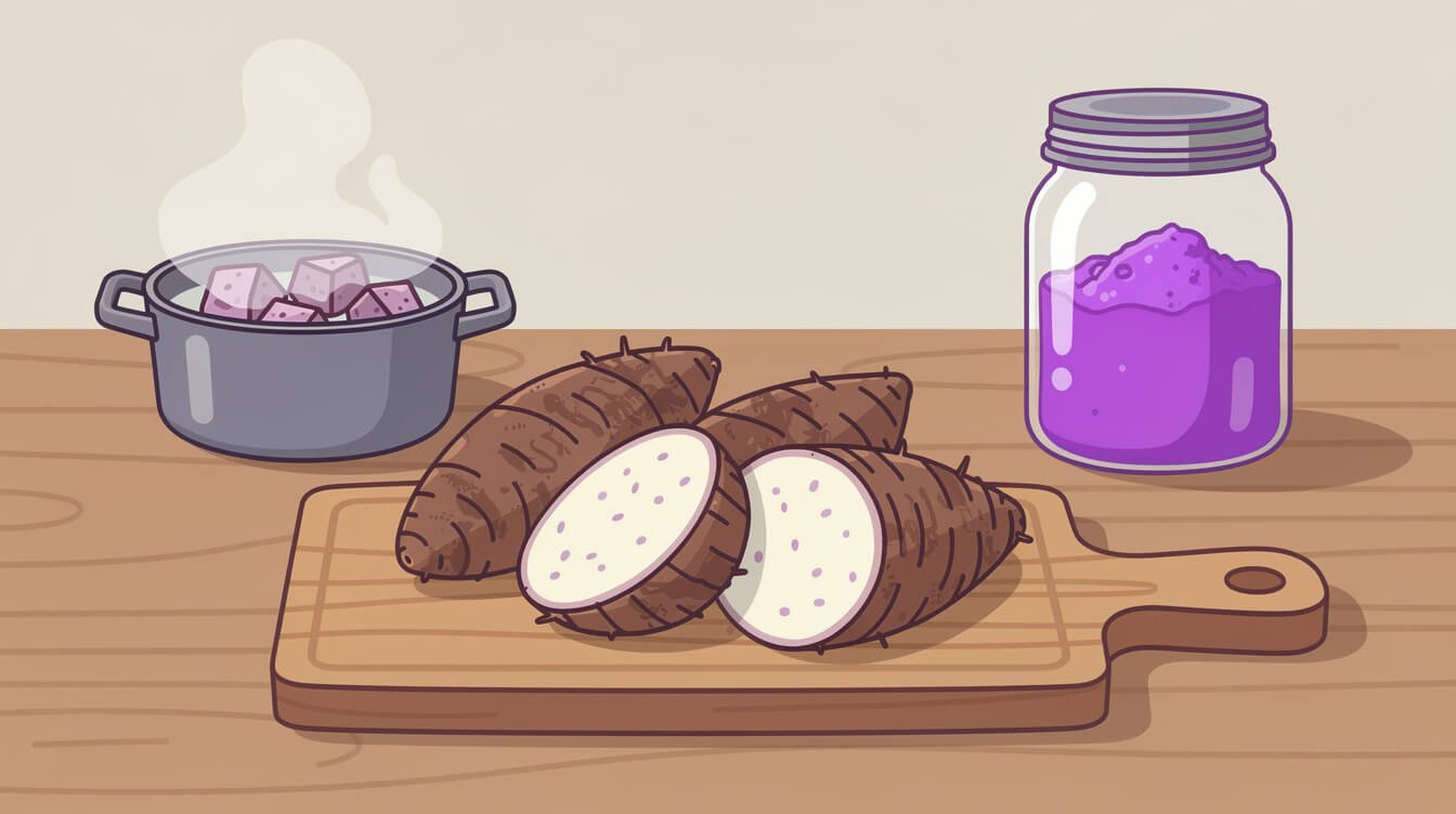 Whole taro corms halved to show pale flecked flesh beside a jar of bright violet taro powder