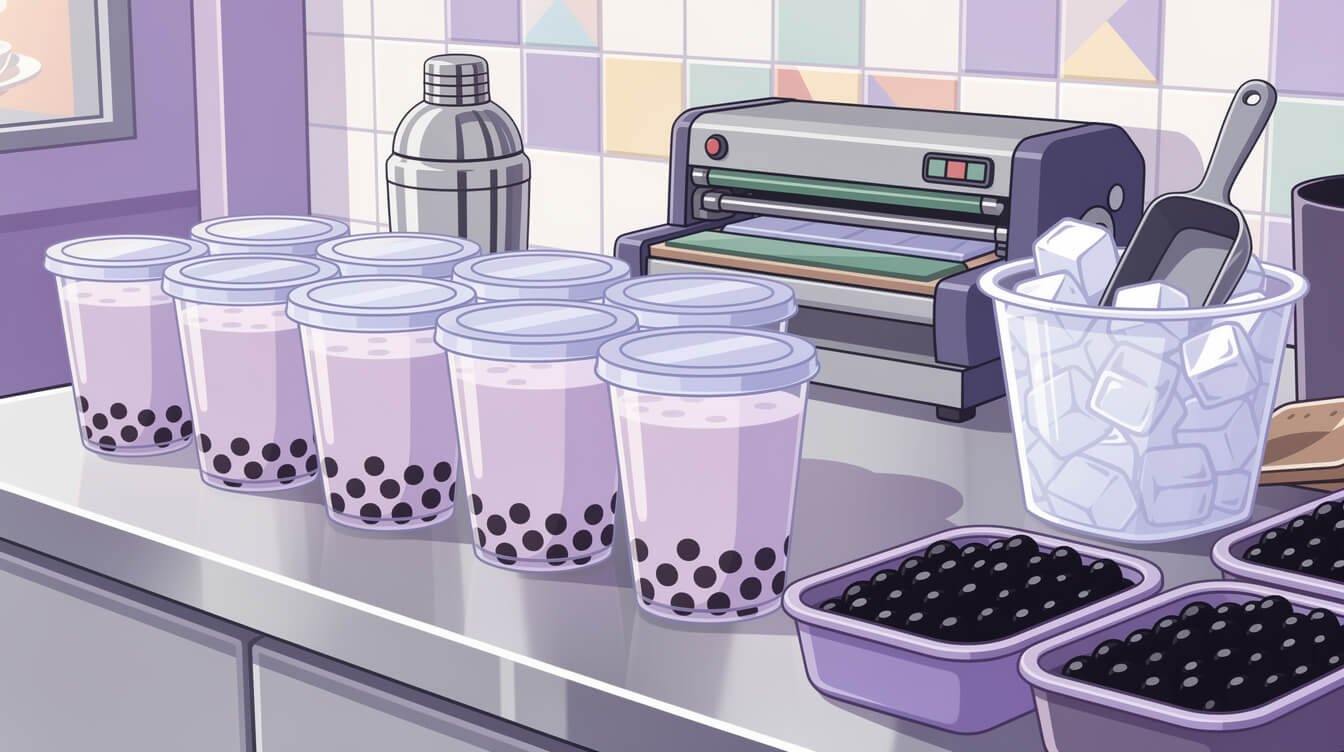 Sealed cups of lavender taro milk tea on the stainless steel counter of a Taiwanese drink shop