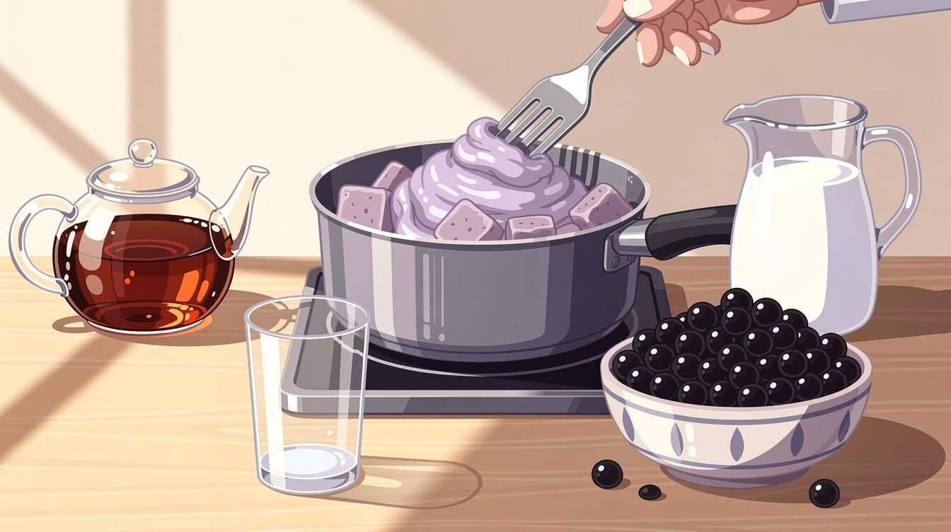 Home kitchen mid-recipe with steamed taro being mashed, brewed black tea and cooked tapioca pearls