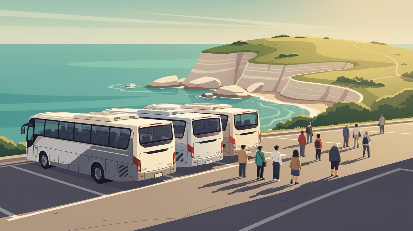 Tour coaches parked at the Yehliu Geopark car park in early morning light