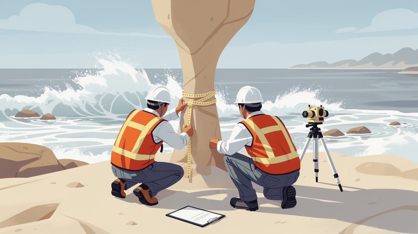 Researchers measuring the eroding neck of a sandstone rock formation