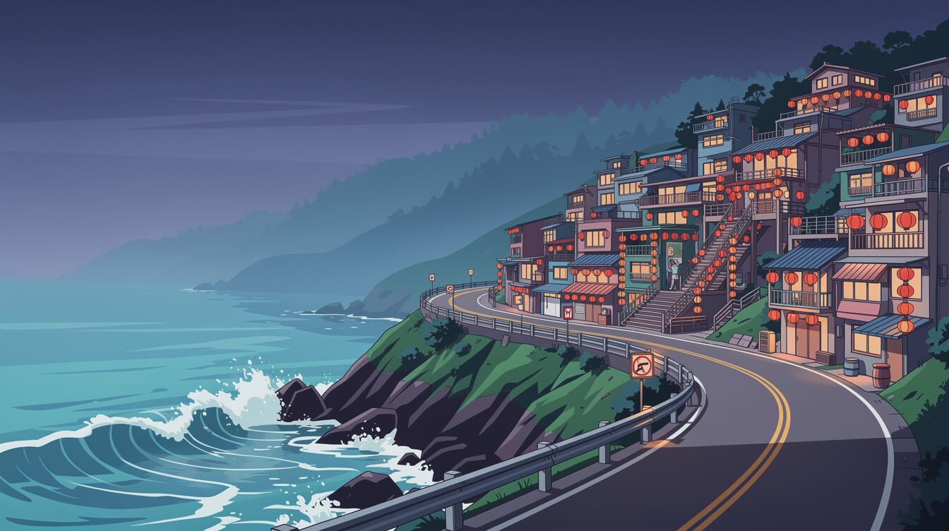 Coastal road at dusk below a lantern-lit hillside town on Taiwan's north coast