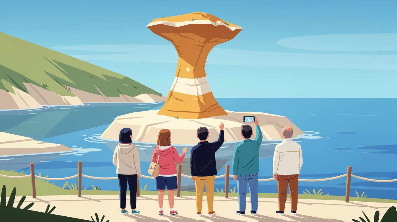 Visitors queueing to photograph the Queen's Head rock formation