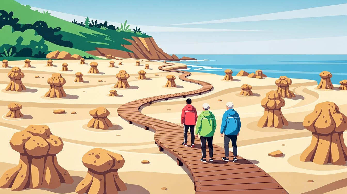 Boardwalk winding between mushroom rocks at yehliu geopark taiwan