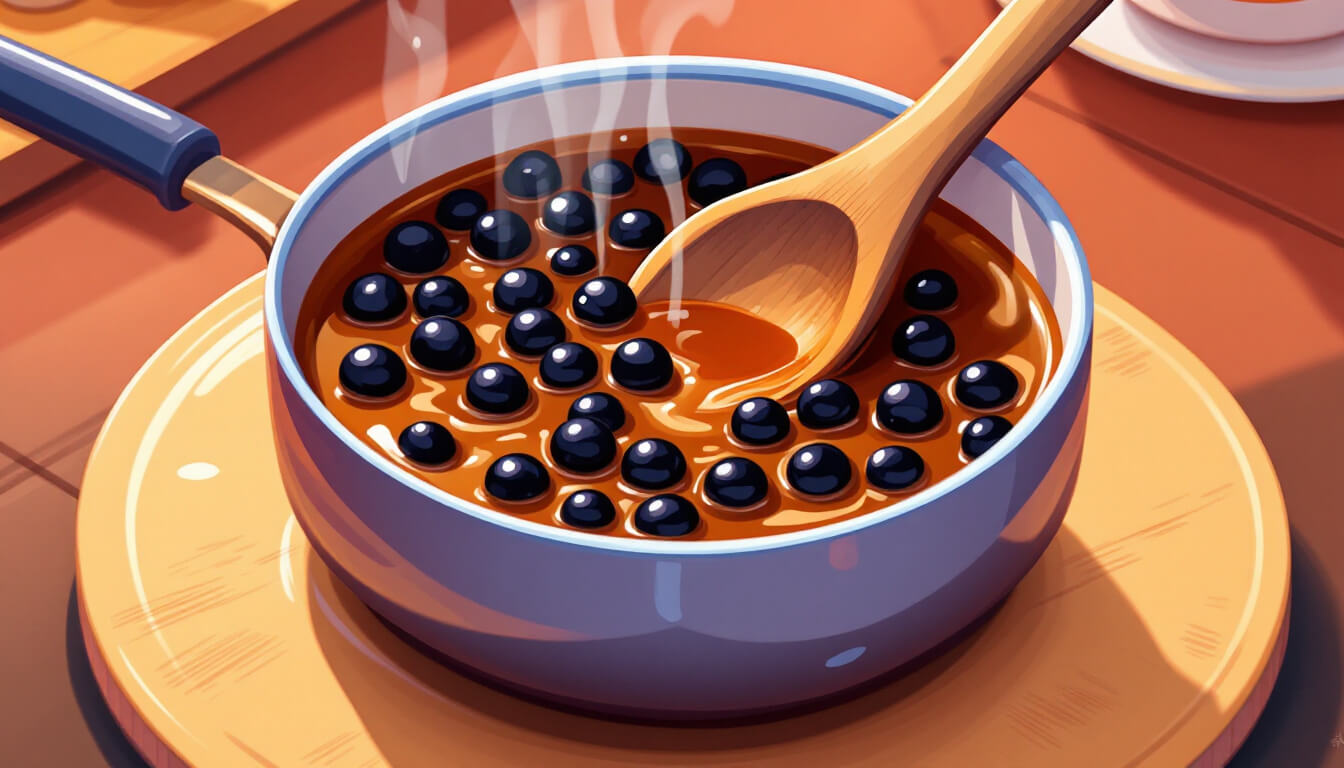 煮熟的珍珠在深棕色糖漿中攪拌