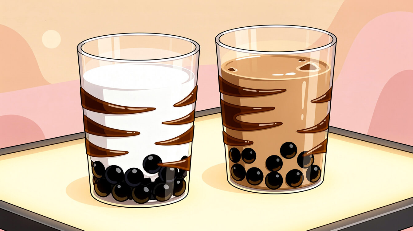 Brown sugar milk tea next to brown sugar boba fresh milk, both with tiger stripes