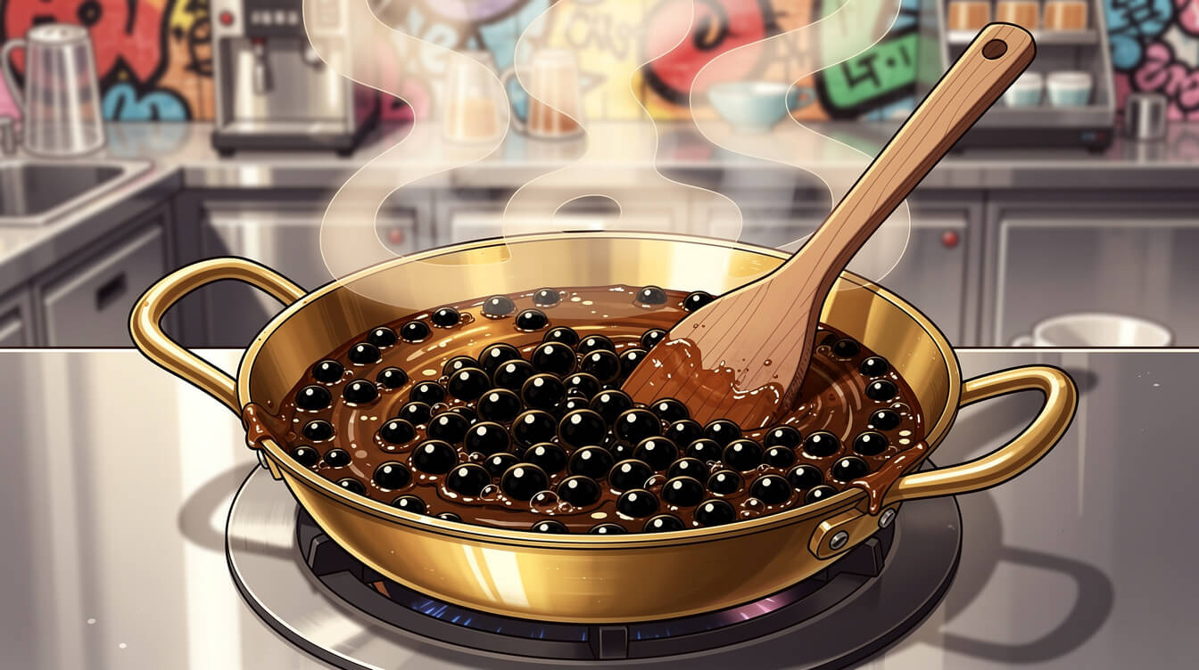 Black tapioca pearls simmering in brown sugar syrup in a large wok