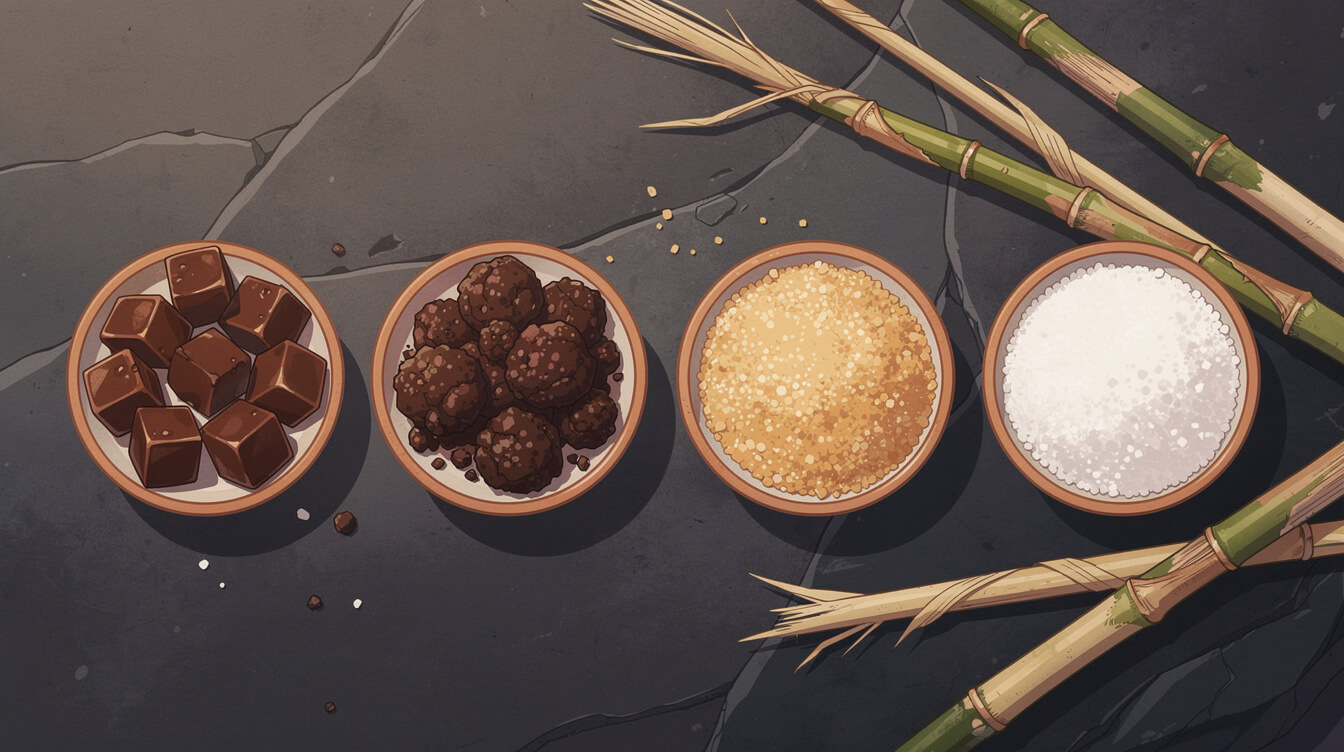 Four bowls of sugar for brown sugar milk tea, from dark block sugar to white sugar