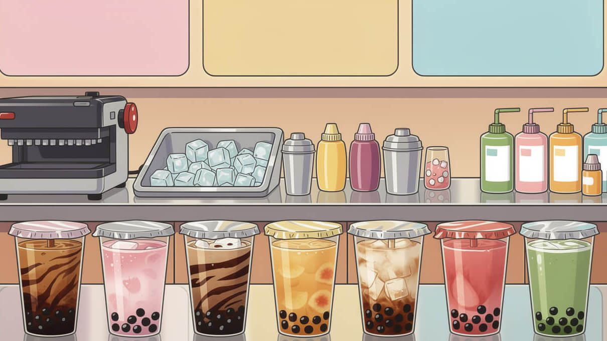 Taiwanese bubble tea shop counter with sealed brown sugar boba milk drinks