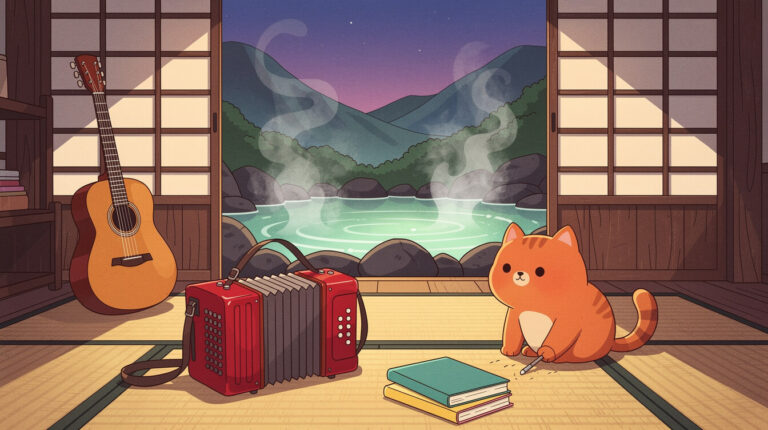 Illustration of an accordion, guitar and orange cat in a Beitou hot spring inn room overlooking a steaming pool