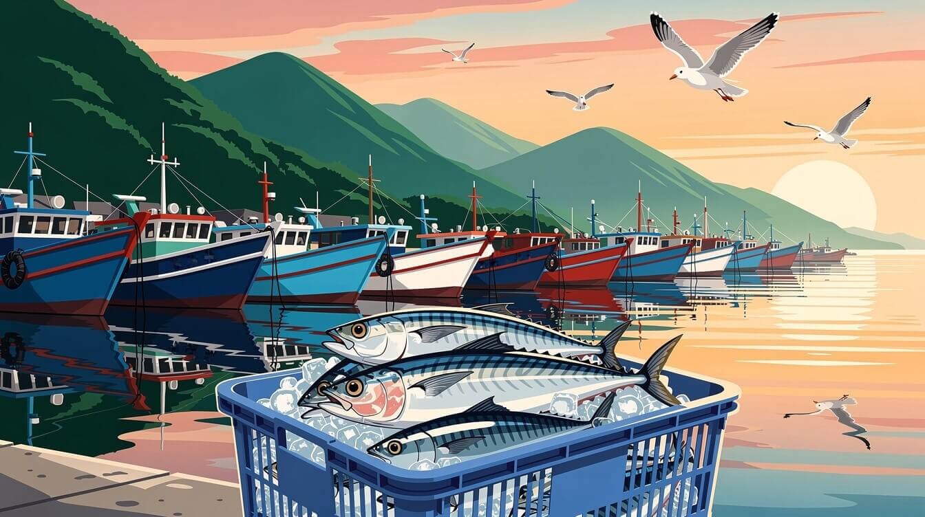 Illustration of colorful fishing boats in Nanfangao harbor with a crate of fresh mackerel on ice