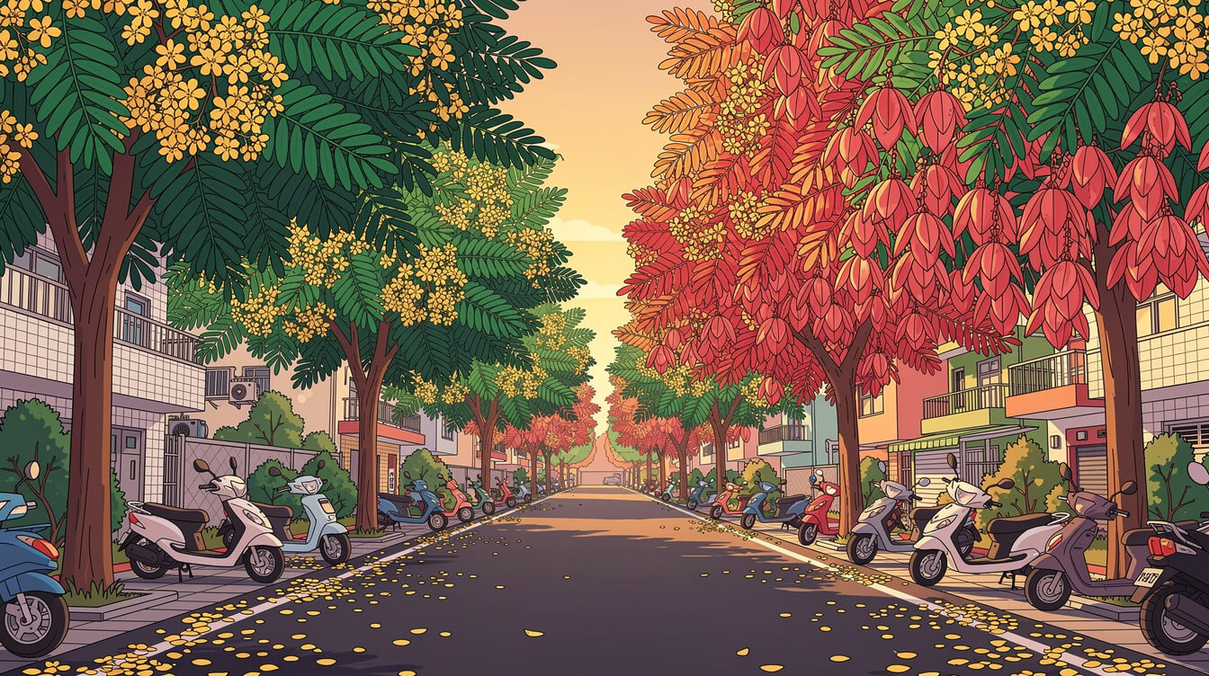 台北一條大道兩旁，台灣金雨樹開著黃色的花朵，結著玫瑰紅色的種子莢。