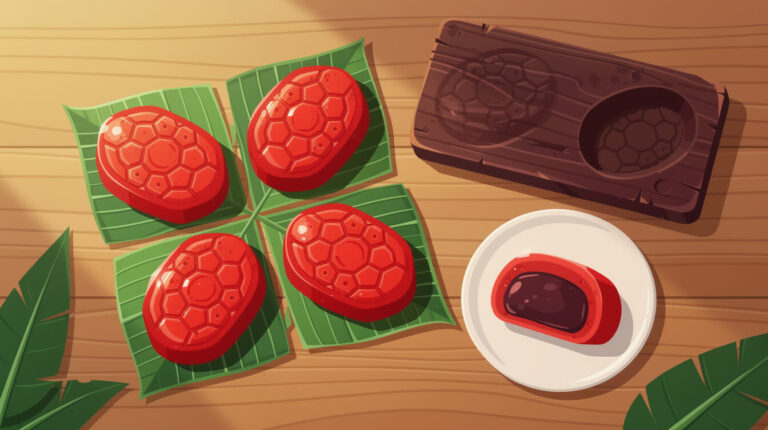 Illustration of red turtle cakes (ang-ku-kue) on banana leaf squares beside a carved wooden mould