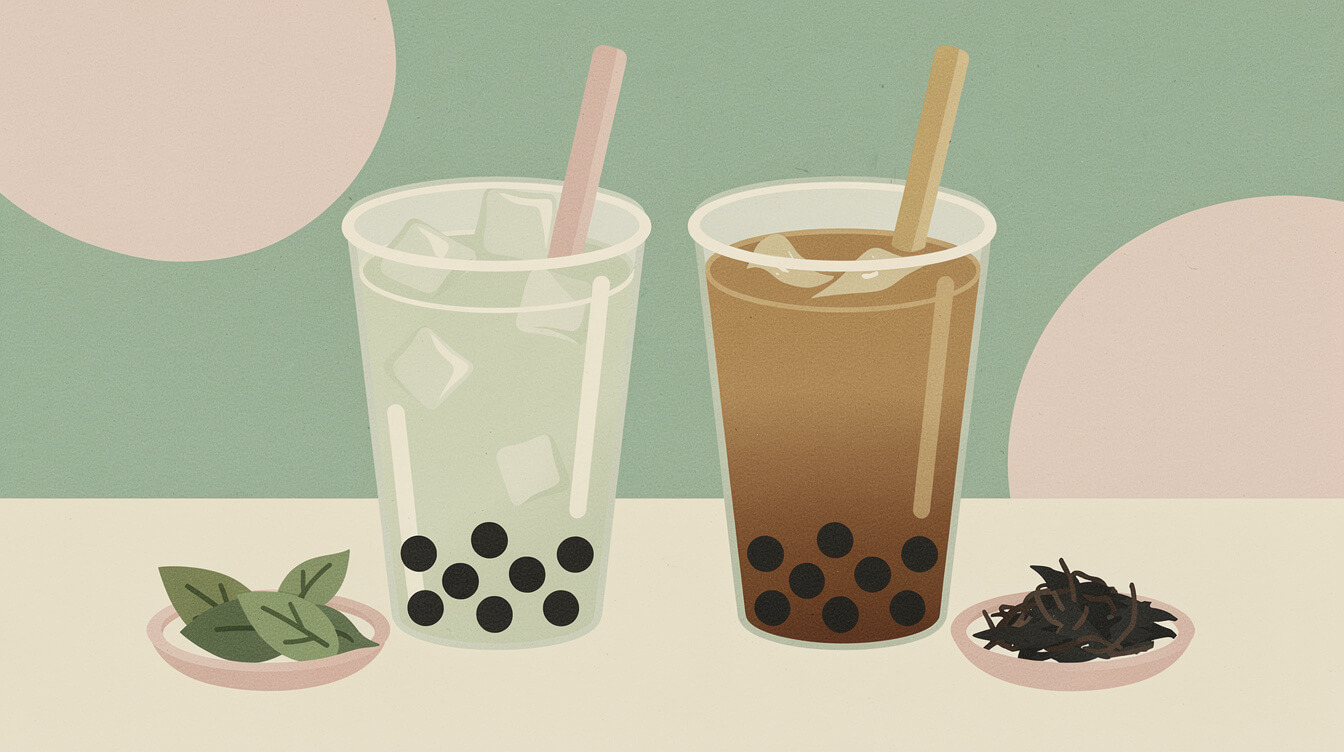 Jasmine milk tea next to a black milk tea, with green and black tea leaves in front