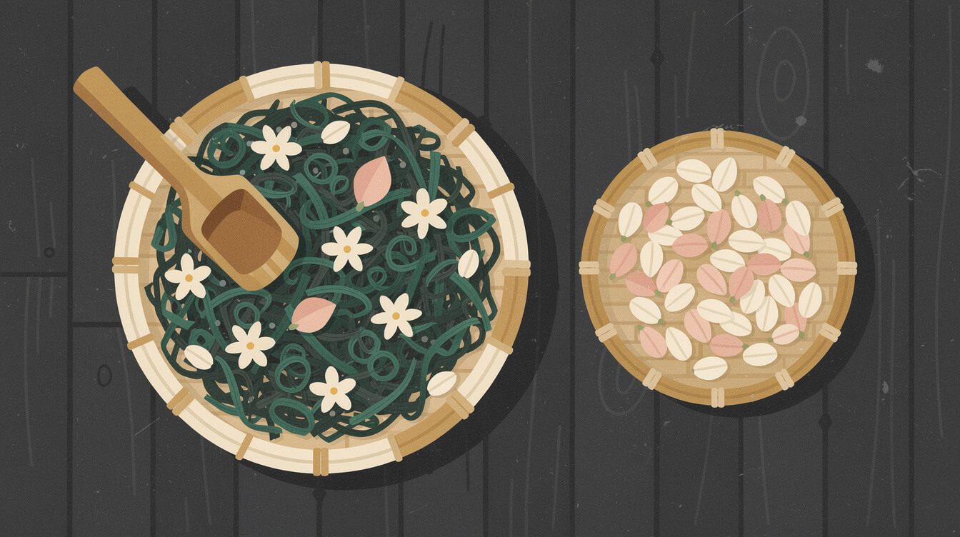 Tea leaves and fresh jasmine blossoms layered on a bamboo tray for scenting