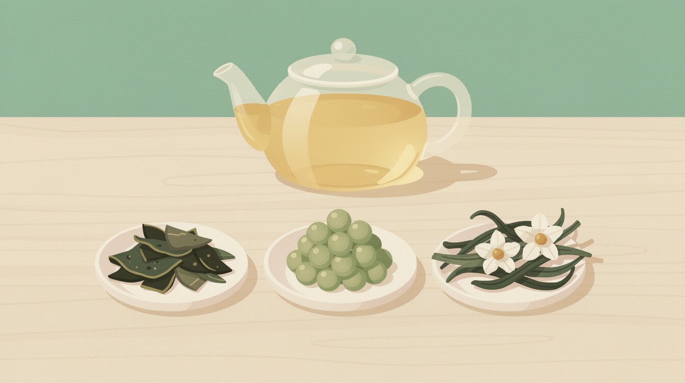 Jasmine green tea leaves, rolled jasmine pearls and jasmine oolong in three dishes