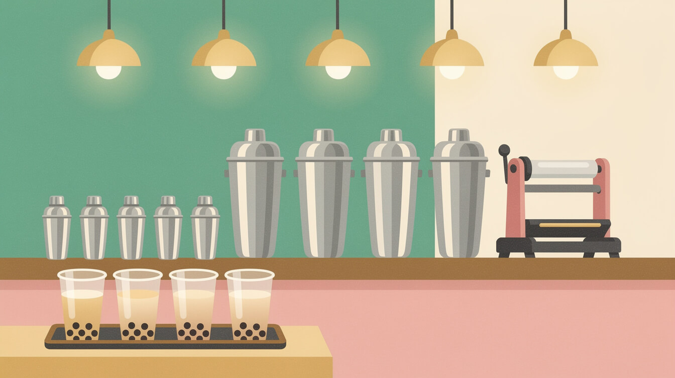 A Taiwanese tea shop counter with shakers and freshly sealed milk tea cups