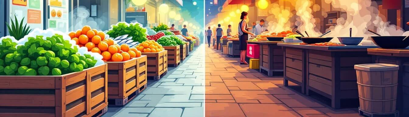 The same Taipei street as a morning produce market by day and a food market by night
