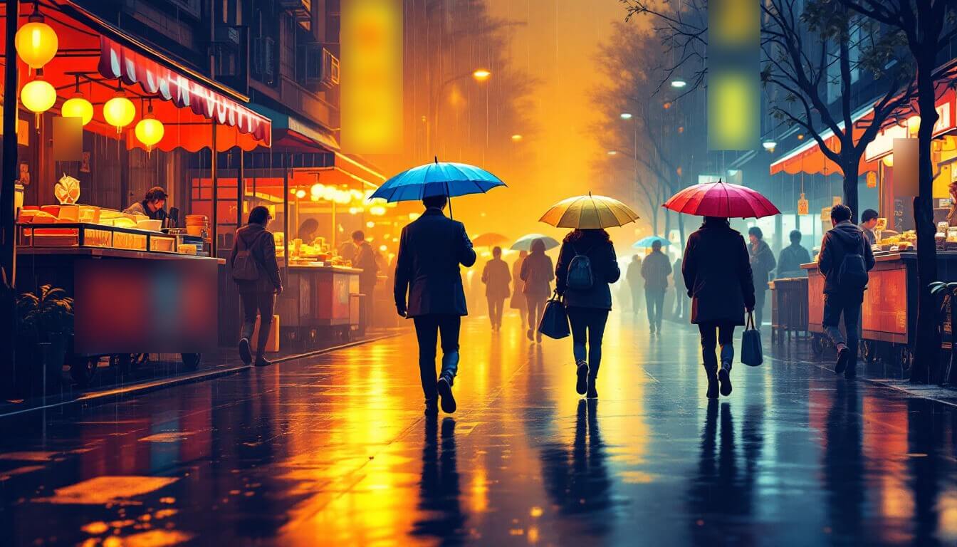 A Taipei night market street on a rainy evening with umbrellas and reflections