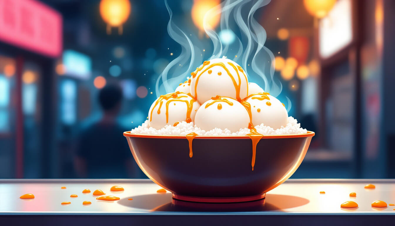 Hot tangyuan on shaved ice with osmanthus syrup, the Linjiang Night Market signature dessert