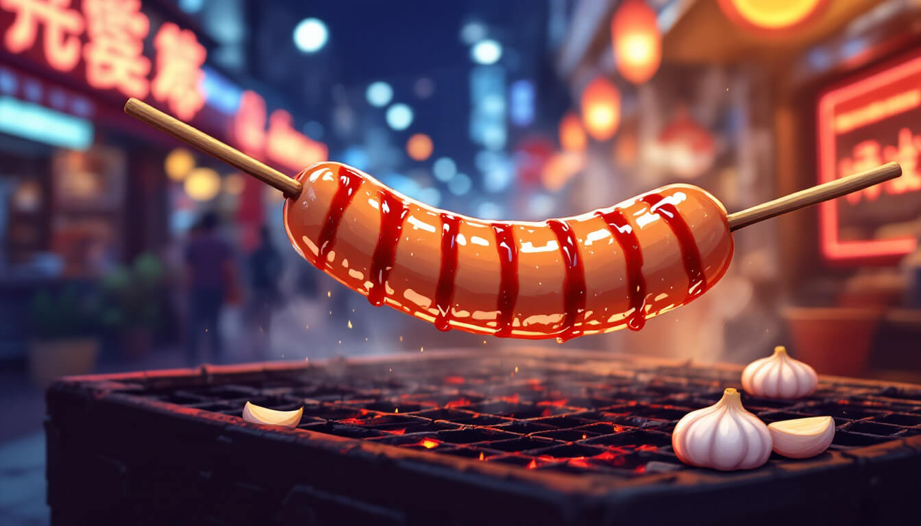 Grilled Taiwanese pork sausage with garlic at a Linjiang Night Market stall