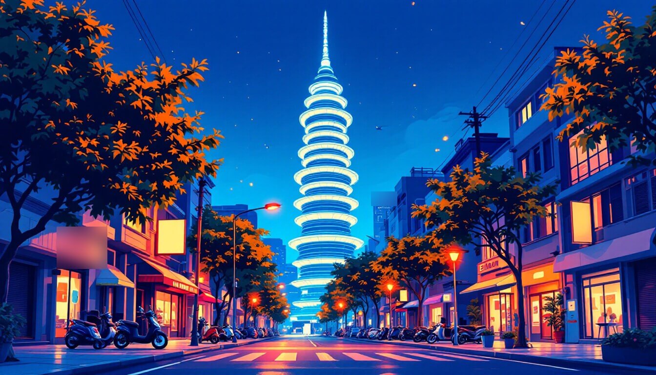 Illustrated skyscraper rising over a quiet Xinyi side street at blue hour