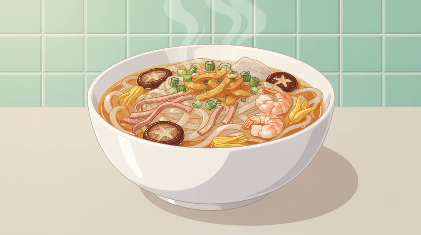 Bowl of ding bian cuo rice-batter noodle soup in morning light