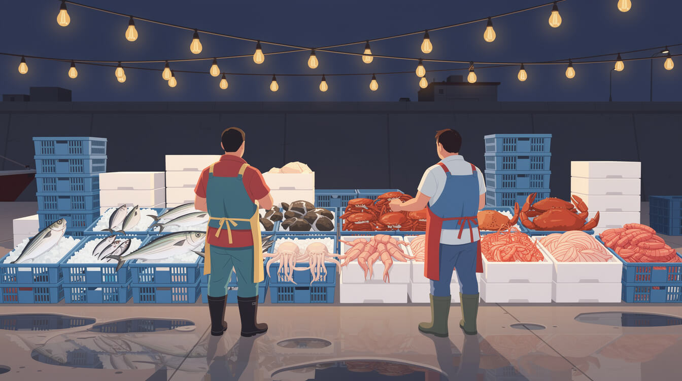 Crates of fresh fish and crab under bare bulbs at Kanziding Fish Market before dawn