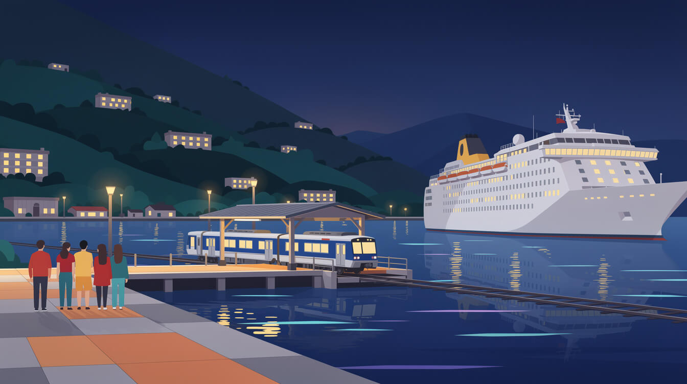 Keelung harbor at dusk with a cruise ship and green hills