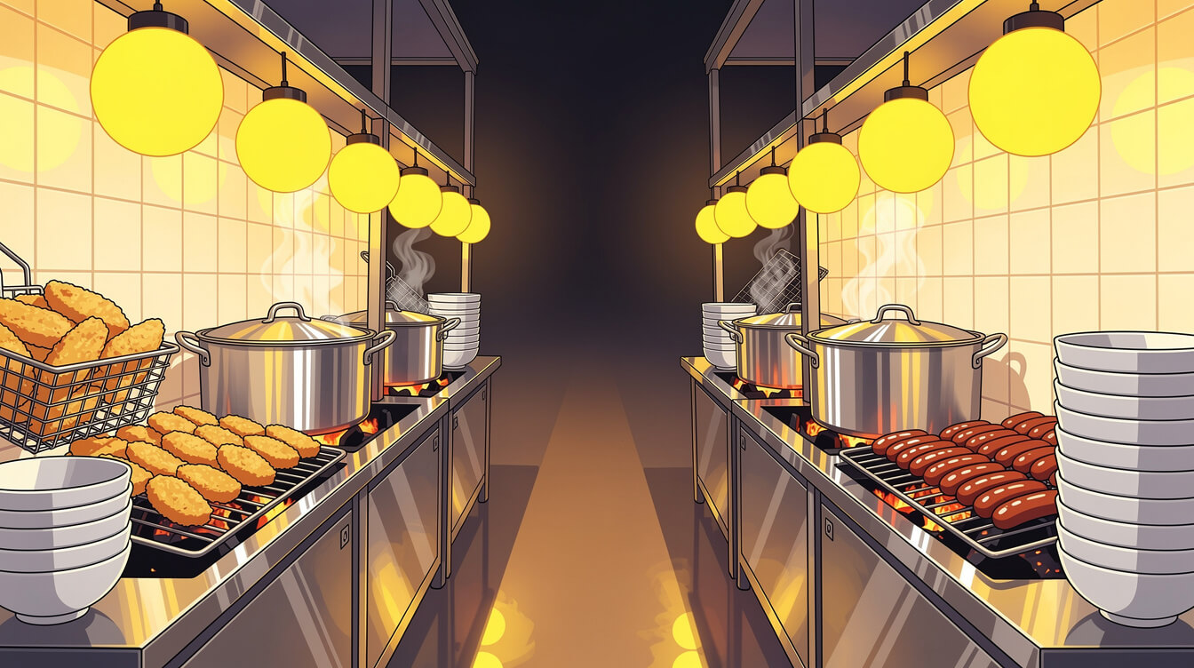 Stainless steel food stall counters under round yellow lanterns at Keelung Miaokou Night Market