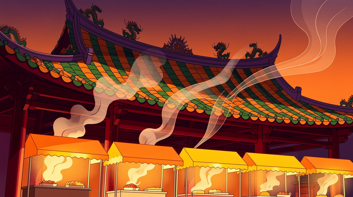 Swallowtail temple roof of Dianji Temple above the food stalls at Keelung Miaokou Night Market