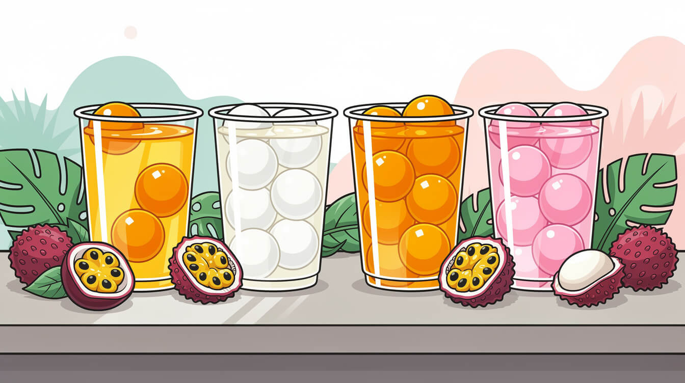 Fruit teas with passion fruit, lychee, mango and yogurt popping boba